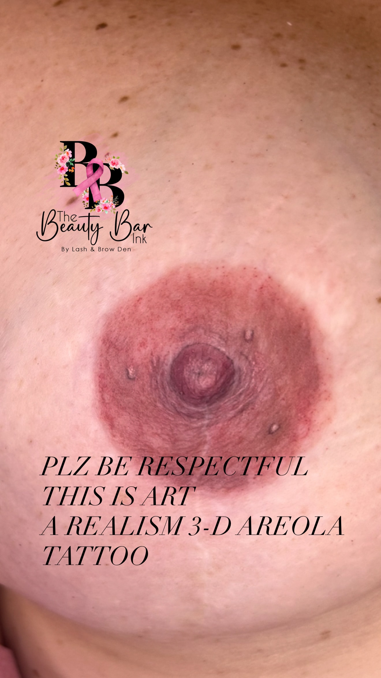 Realism 3-D areola tattoo close up branded