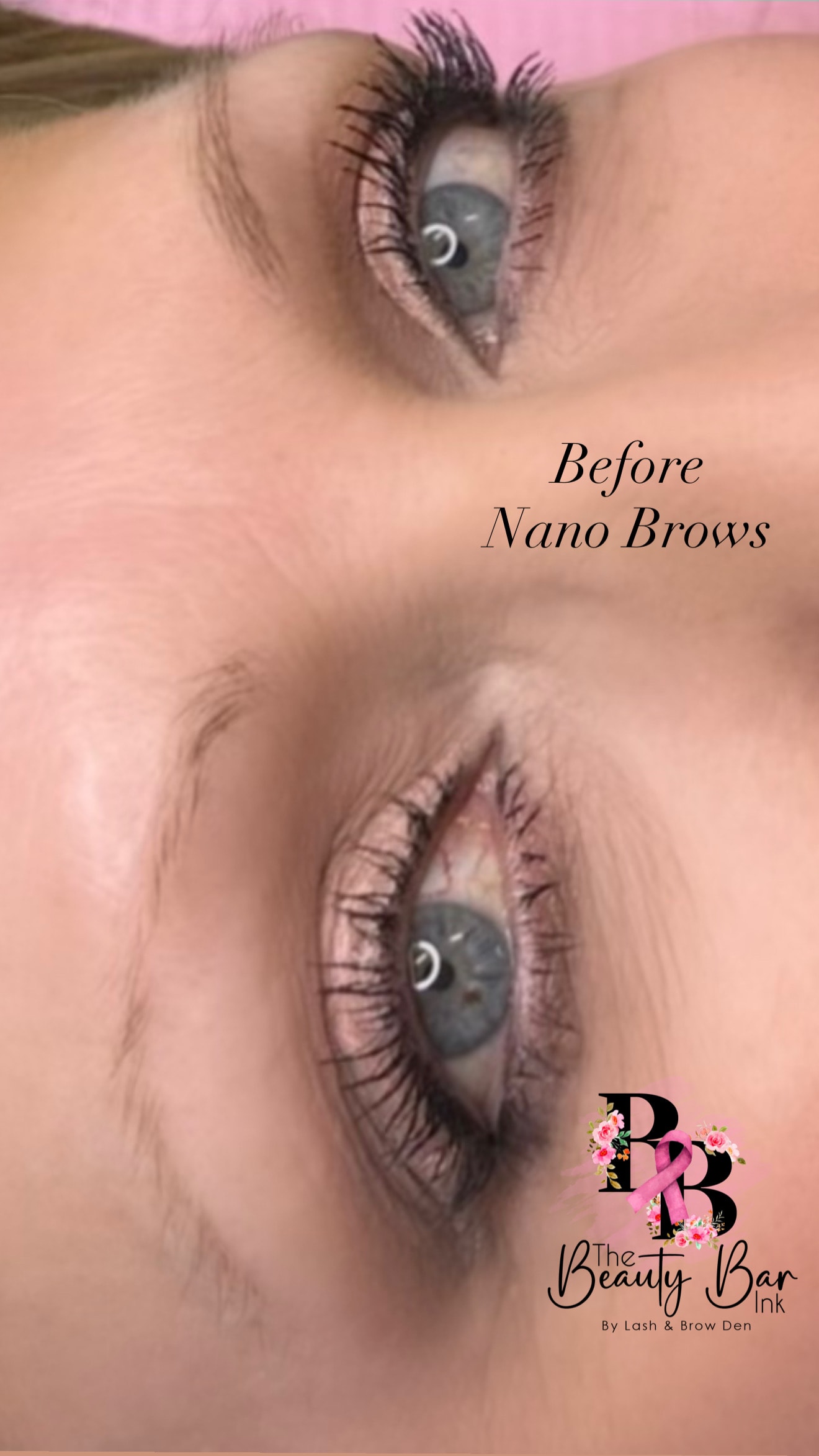 Before nano brows close up both eyes branded Beauty Bar Ink
