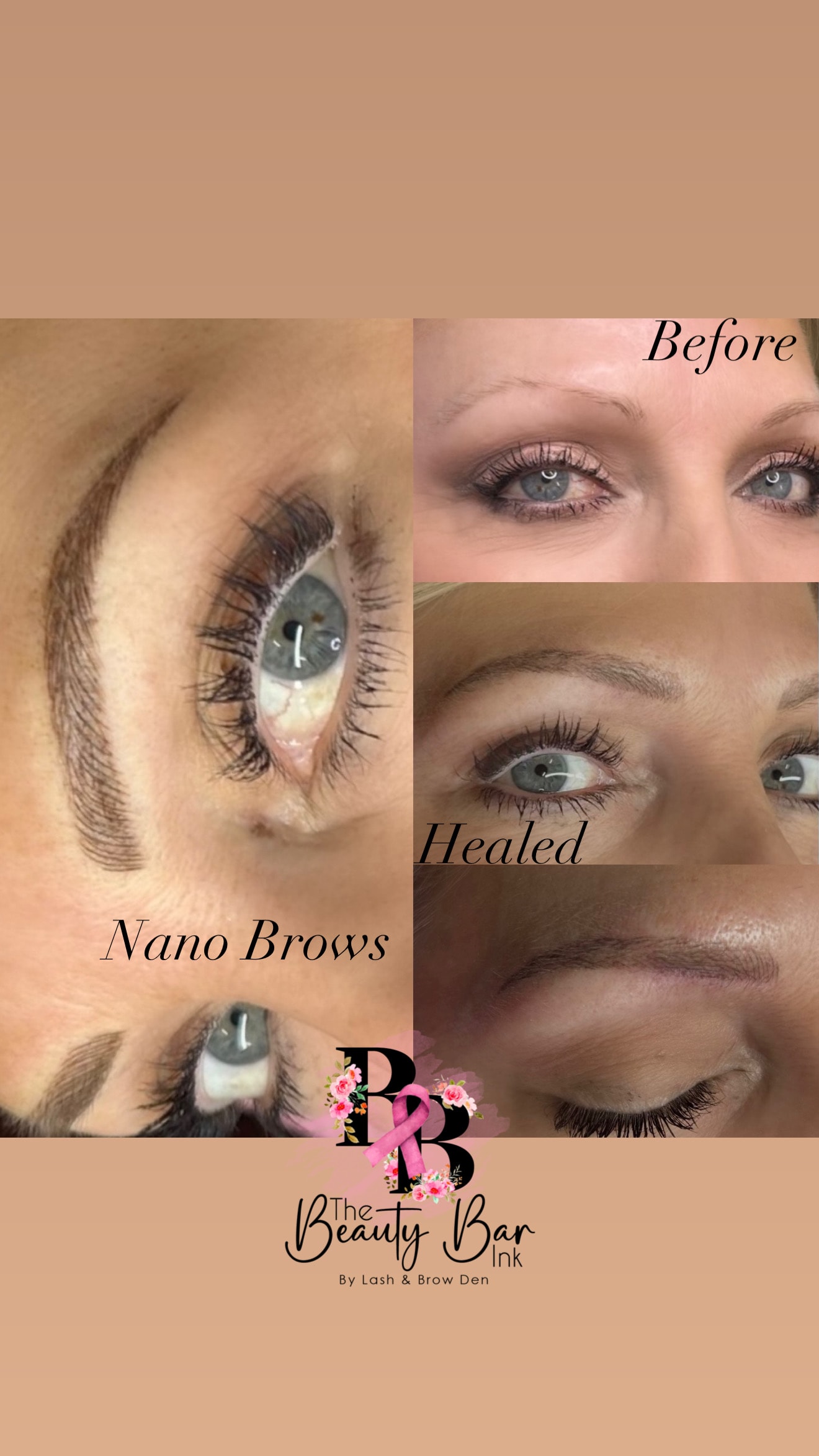 Nano brows before fresh and healed progression branded Beauty Bar Ink