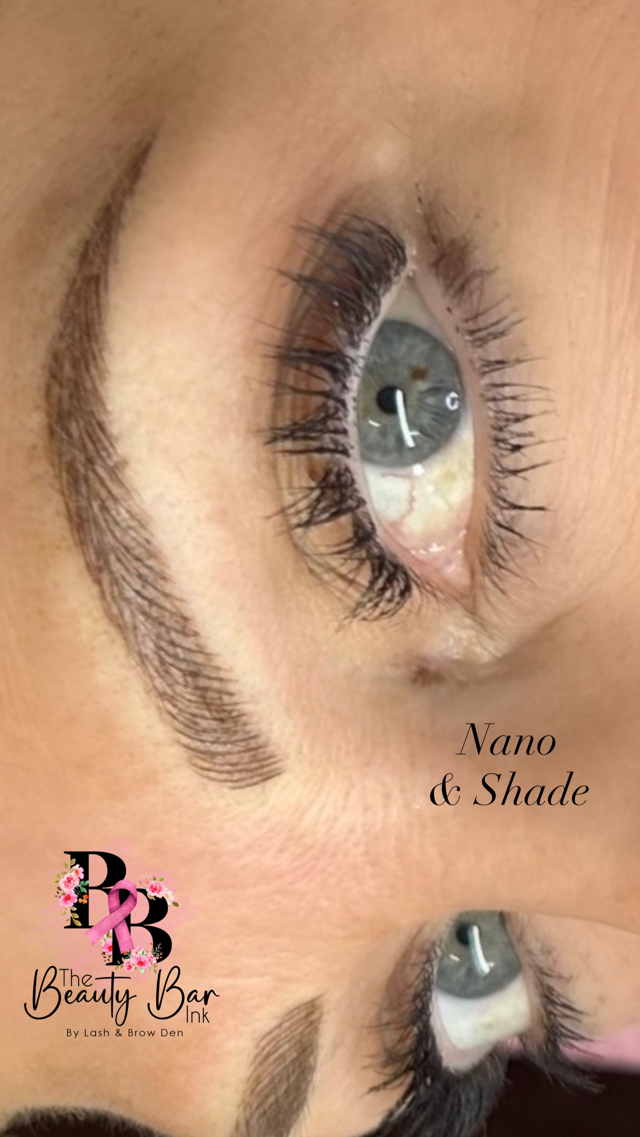 Nano and shade brows close up detail branded Beauty Bar Ink